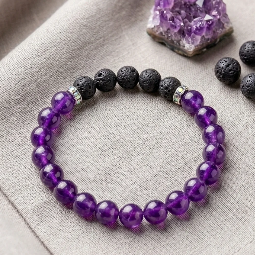 Amethyst purple and lava rock essential oil diffuser aromatherapy bracelet NWT